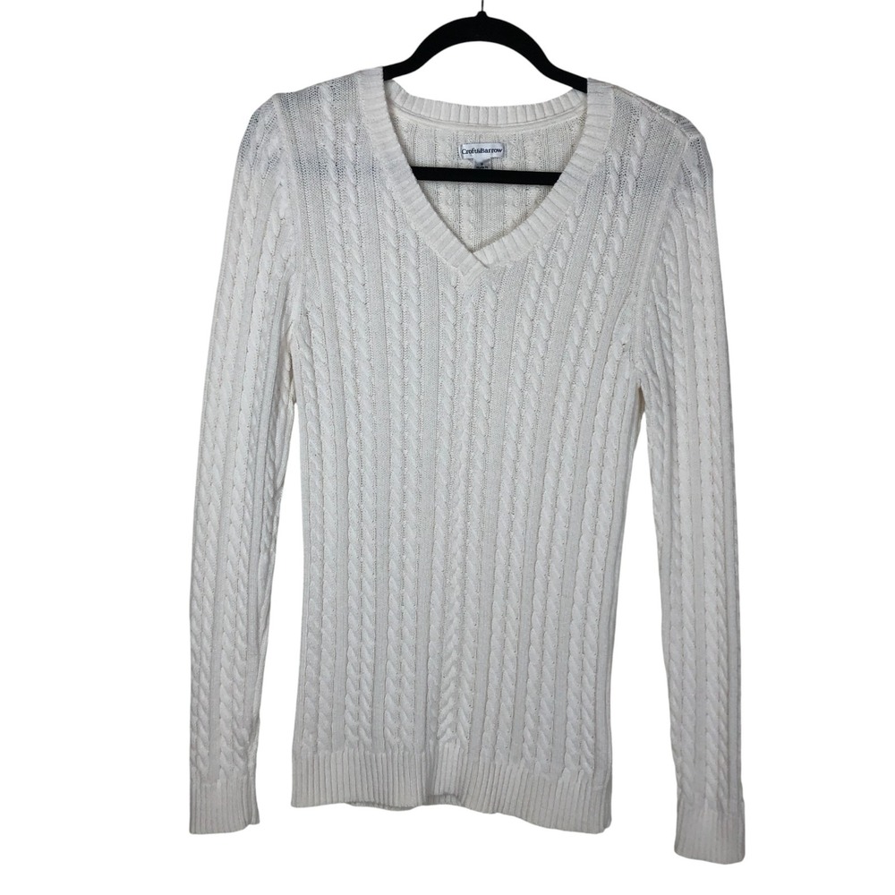 Croft&Barrow Womens Cable Knit V-Neck Sweater Size S White Preppy Old Money‎